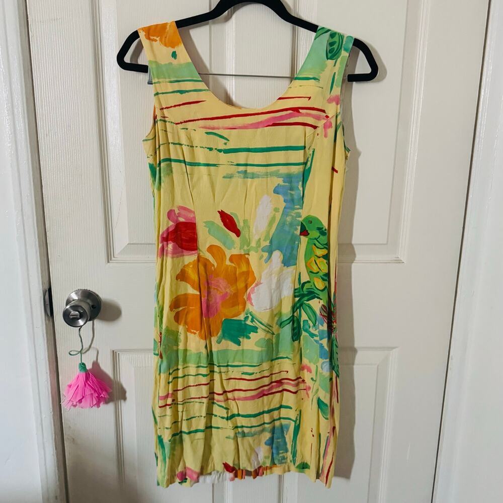 Jams Word Vintage Yelllow Multi Parrot Birds Paradise Tank Mini Dress Size 5